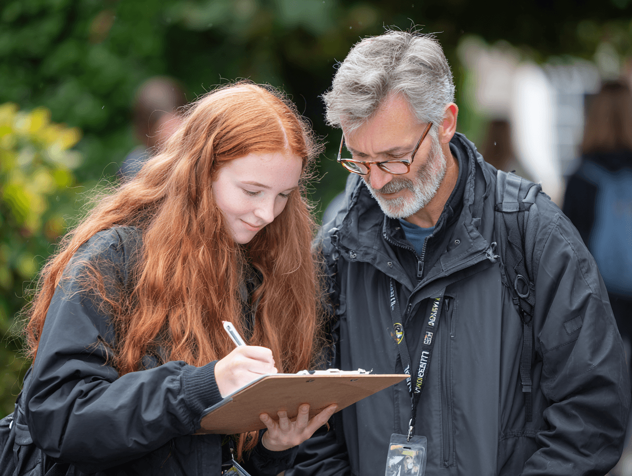 Parents examining a secondary school tour brochure