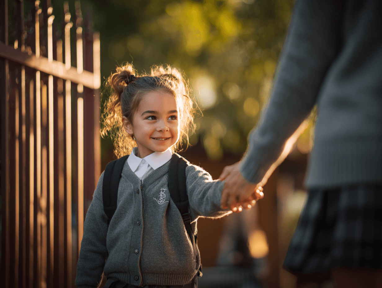 Child preparing for their first day of school with a backpack