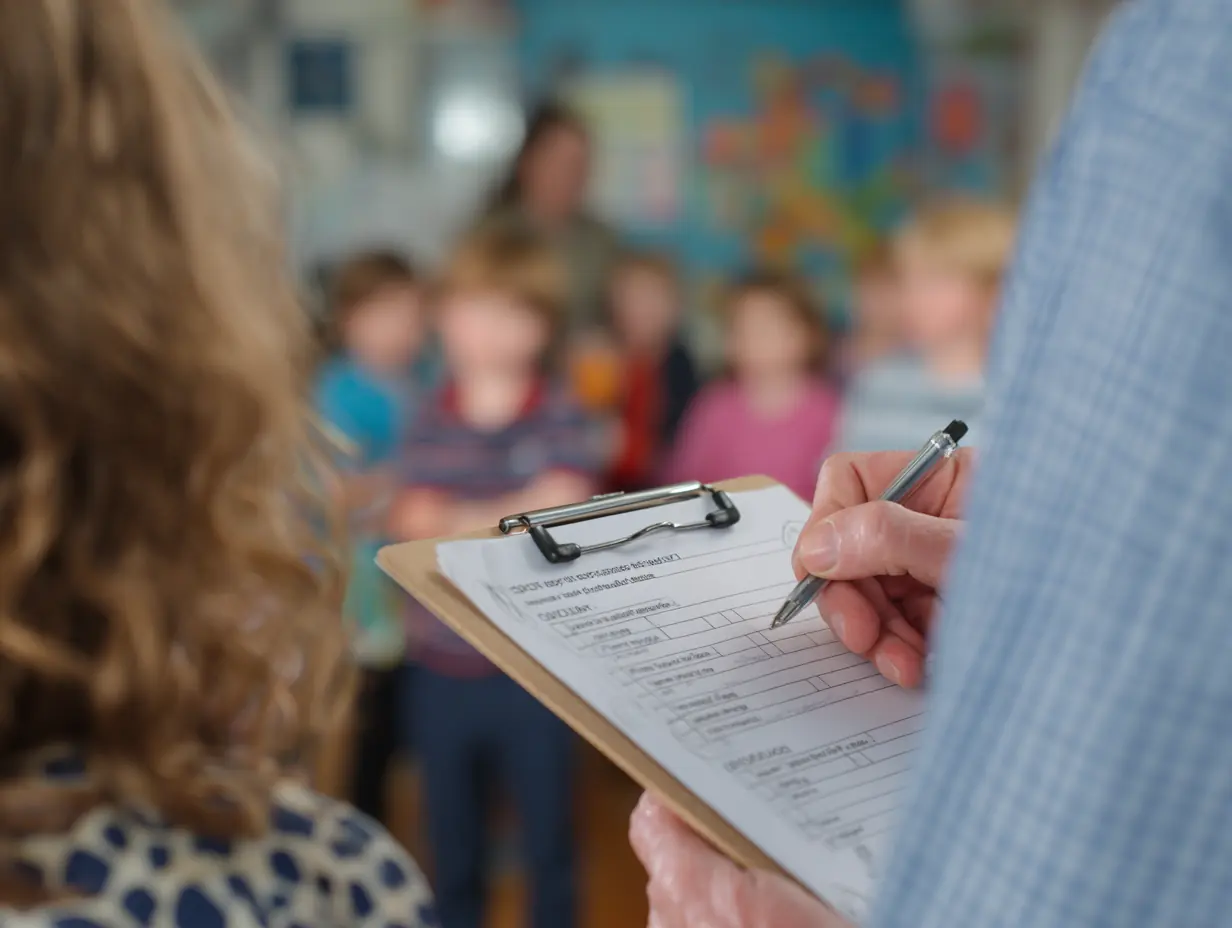 An adult writing on a clipboard, with a classroom of children out of focus behind
