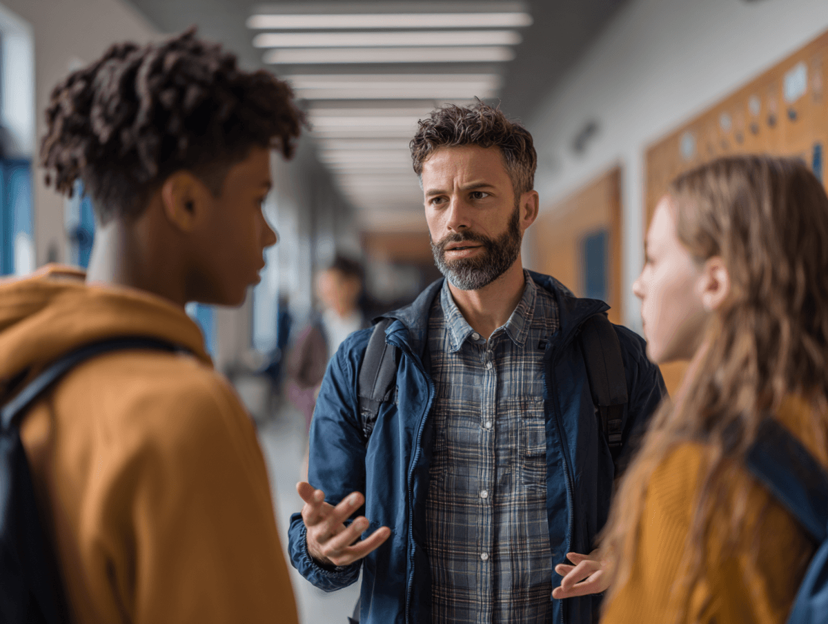 Parent reviewing a school's bullying policy folder