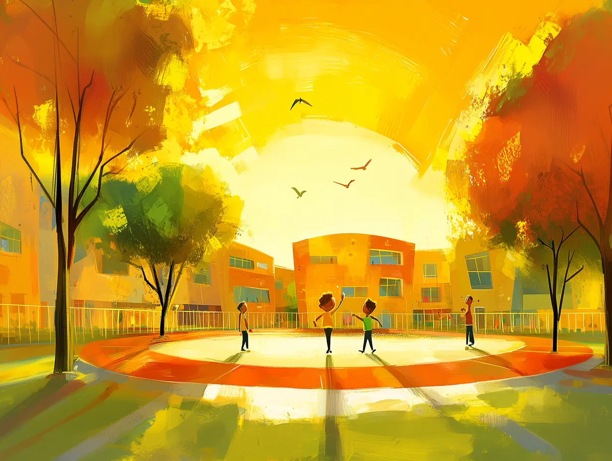 An illustration of children playing in a bright school courtyard
