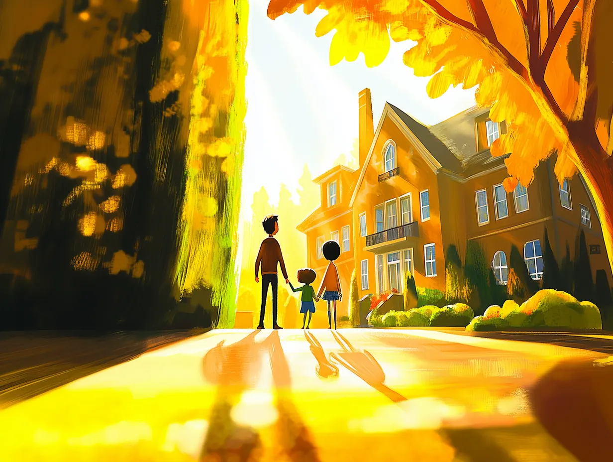An illustration of a family walking towards a school building