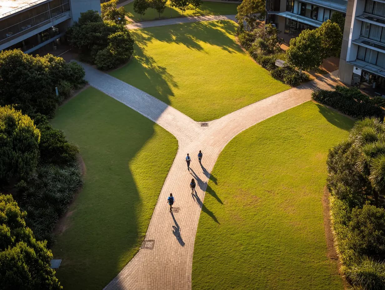People walking away along paths that meet on a campus lawn