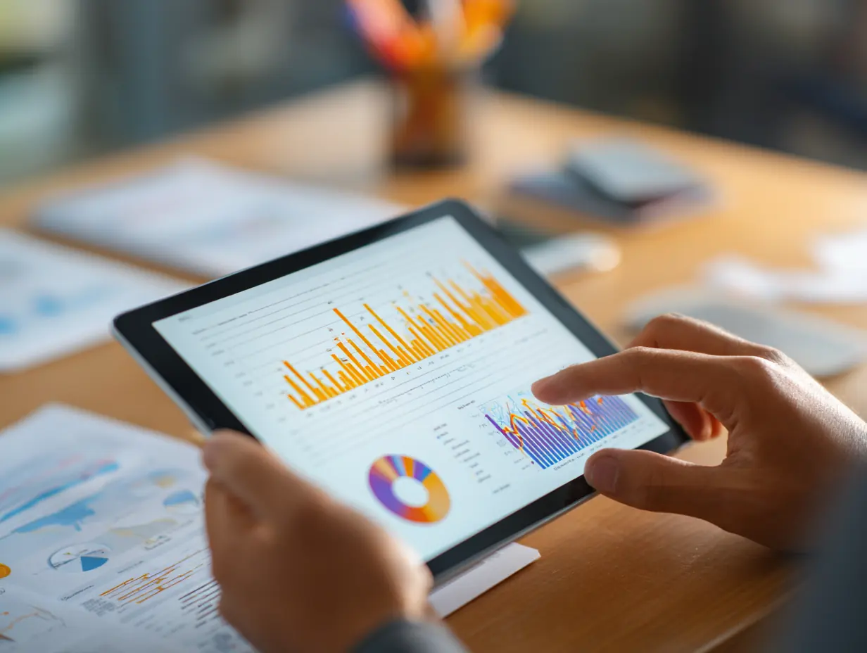 Hands holding a tablet of bar charts and a pie chart, above printed graphs
