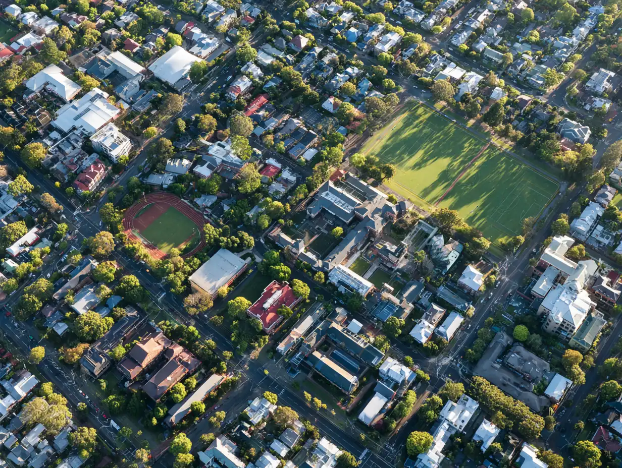 An aerial view of a school oval, an athletics track and the surrounding houses