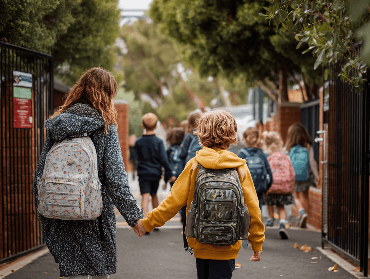 Parent walking a child with a backpack through Australian school gates
