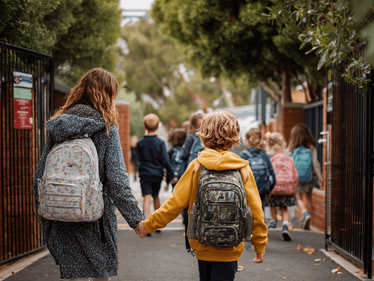 Parent walking a child with a backpack through Australian school gates